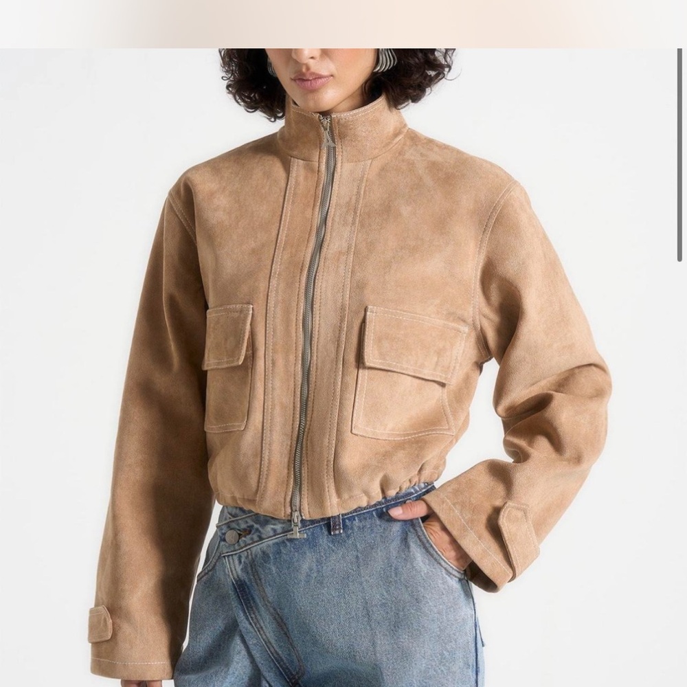 Maniere de voir Suede Zip-Up Utility Jacket in Tan